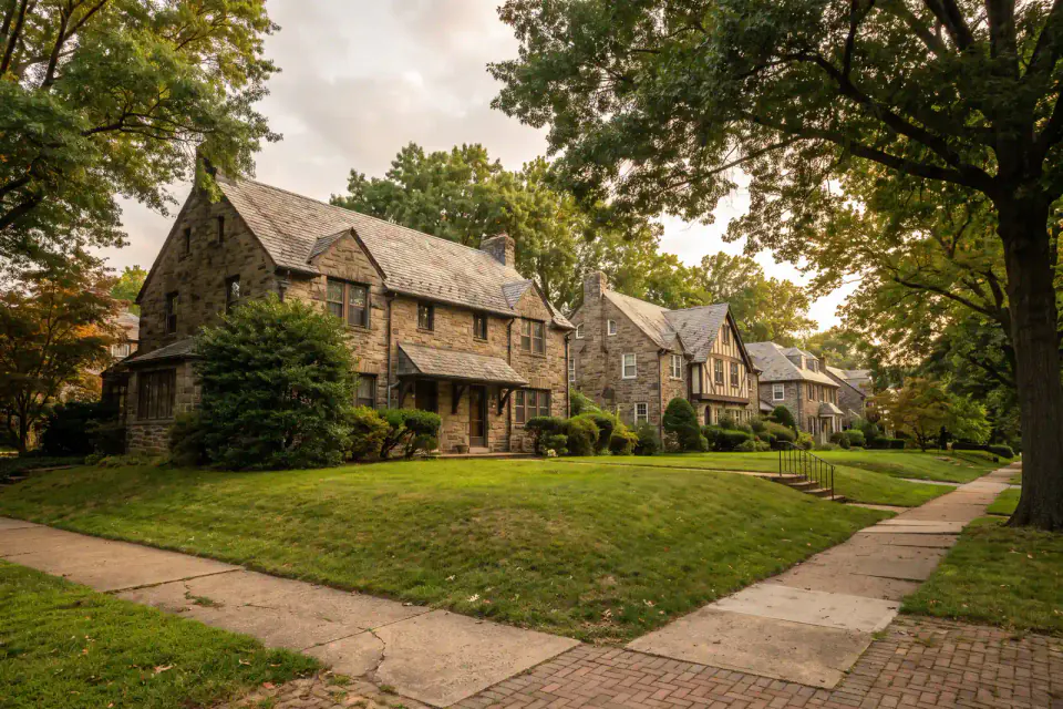 Stone twins and detached homes on a leafy East Falls street