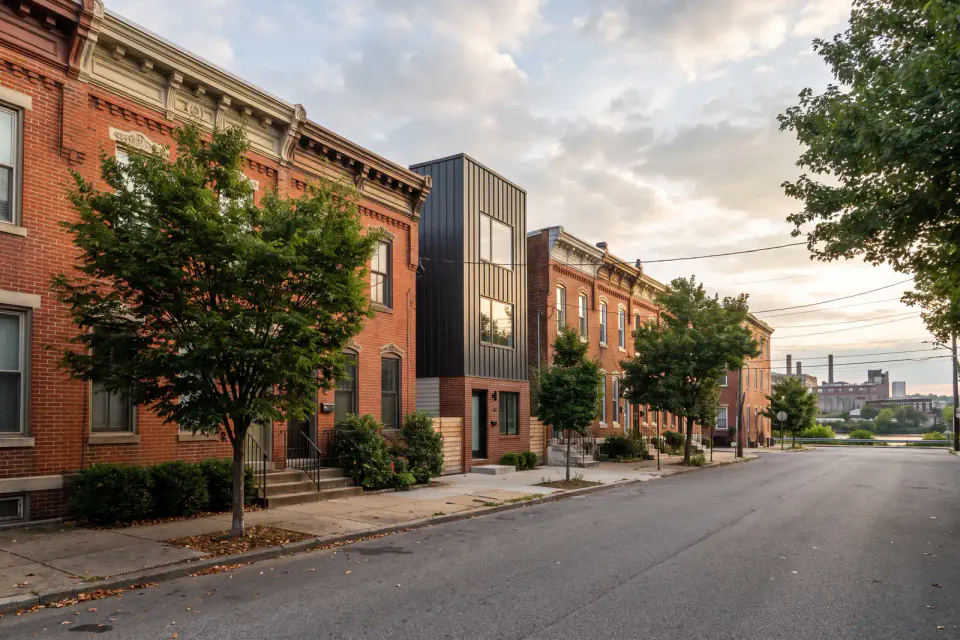 Historic rowhomes against Fishtown's renewed riverfront character