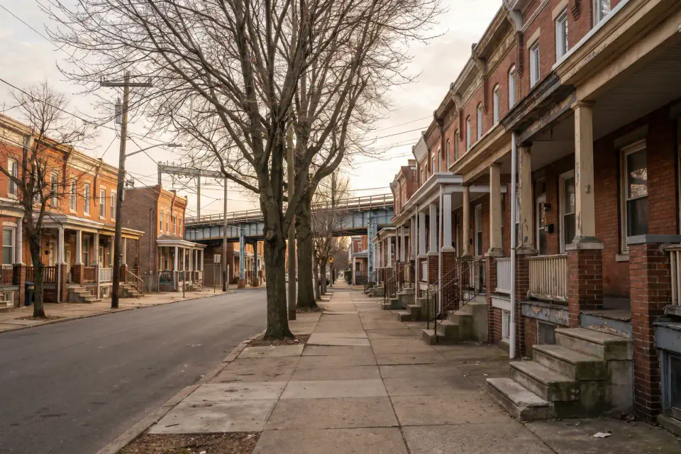 Older brick rowhomes and twins along a Frankford street