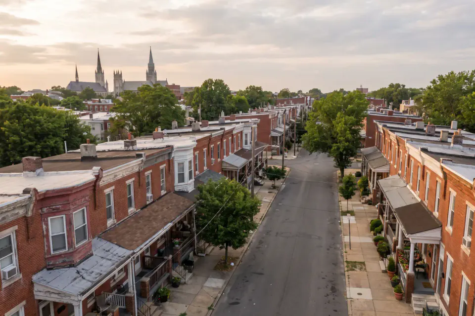 Dense brick rowhome blocks in North Philadelphia